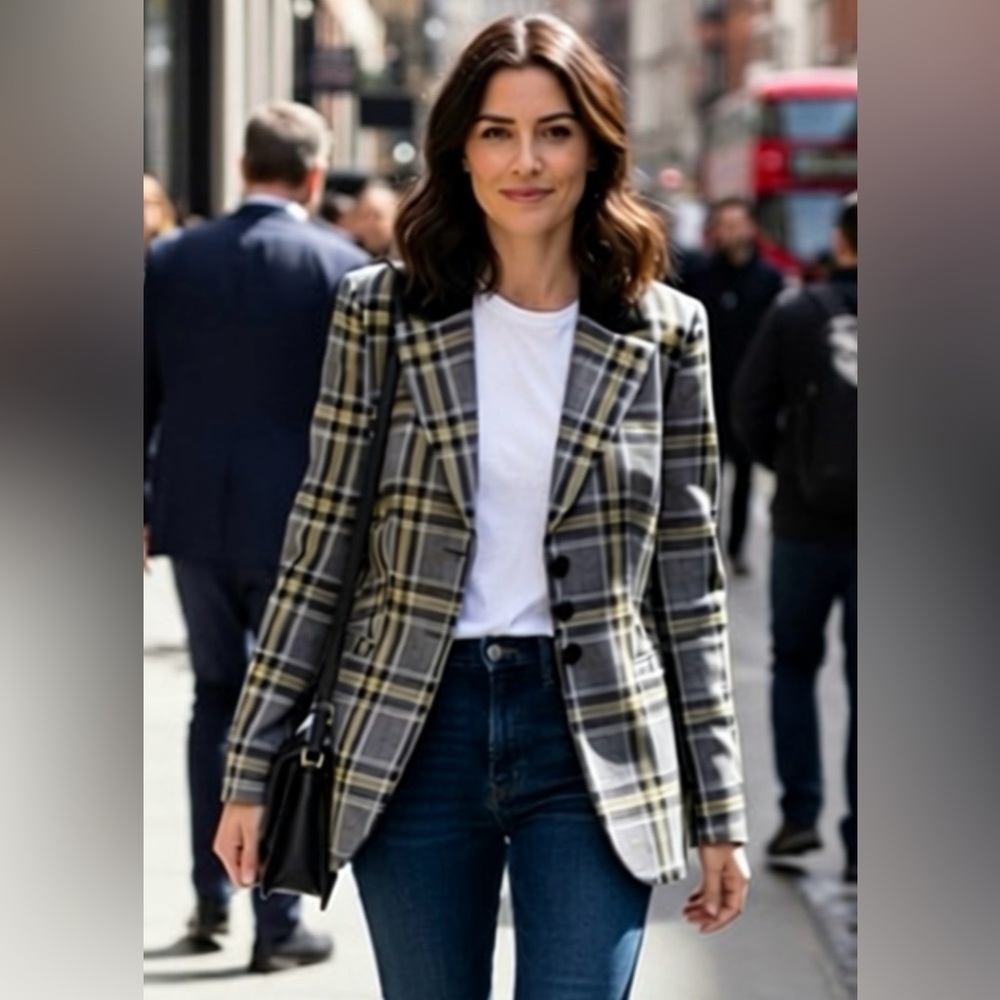 Larry Levine Women's Plaid Blazer - Yellow and Gray